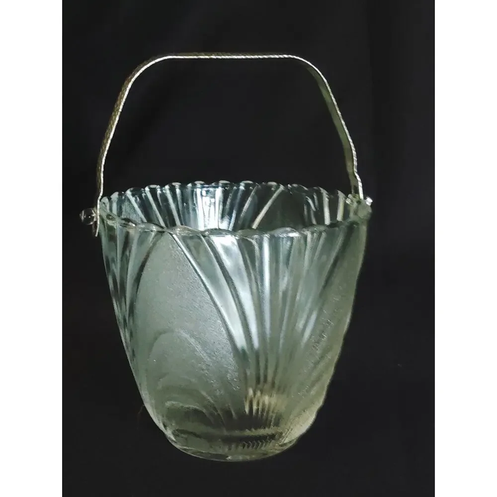 Vintage Frosted Glass Ice Bucket Barrel Swing Hammered Metal Handle